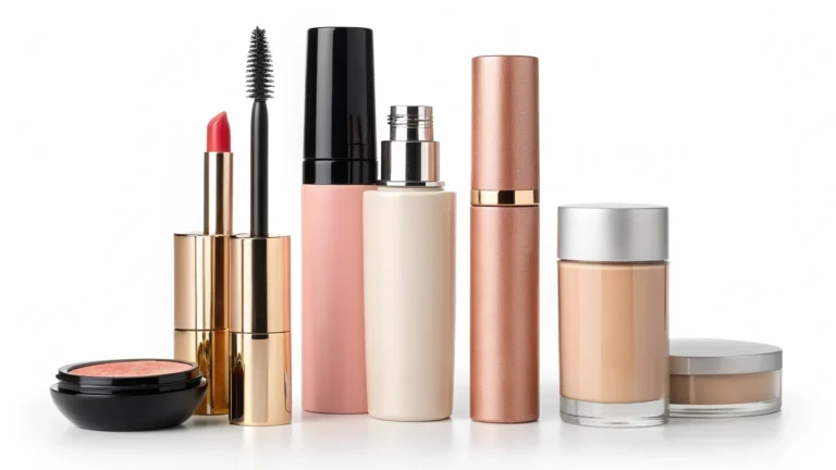 Various makeup products including lipstick, mascara, foundation, and blush in elegant packaging against a white background.