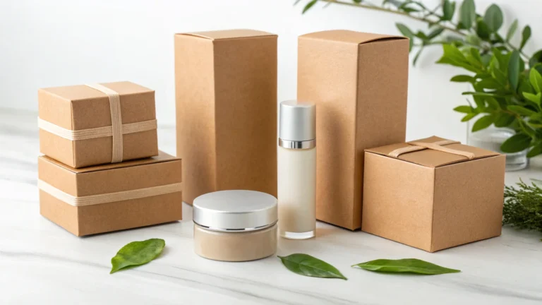 Eco-friendly brown cardboard boxes and containers for cosmetics on a white surface, surrounded by green leaves.