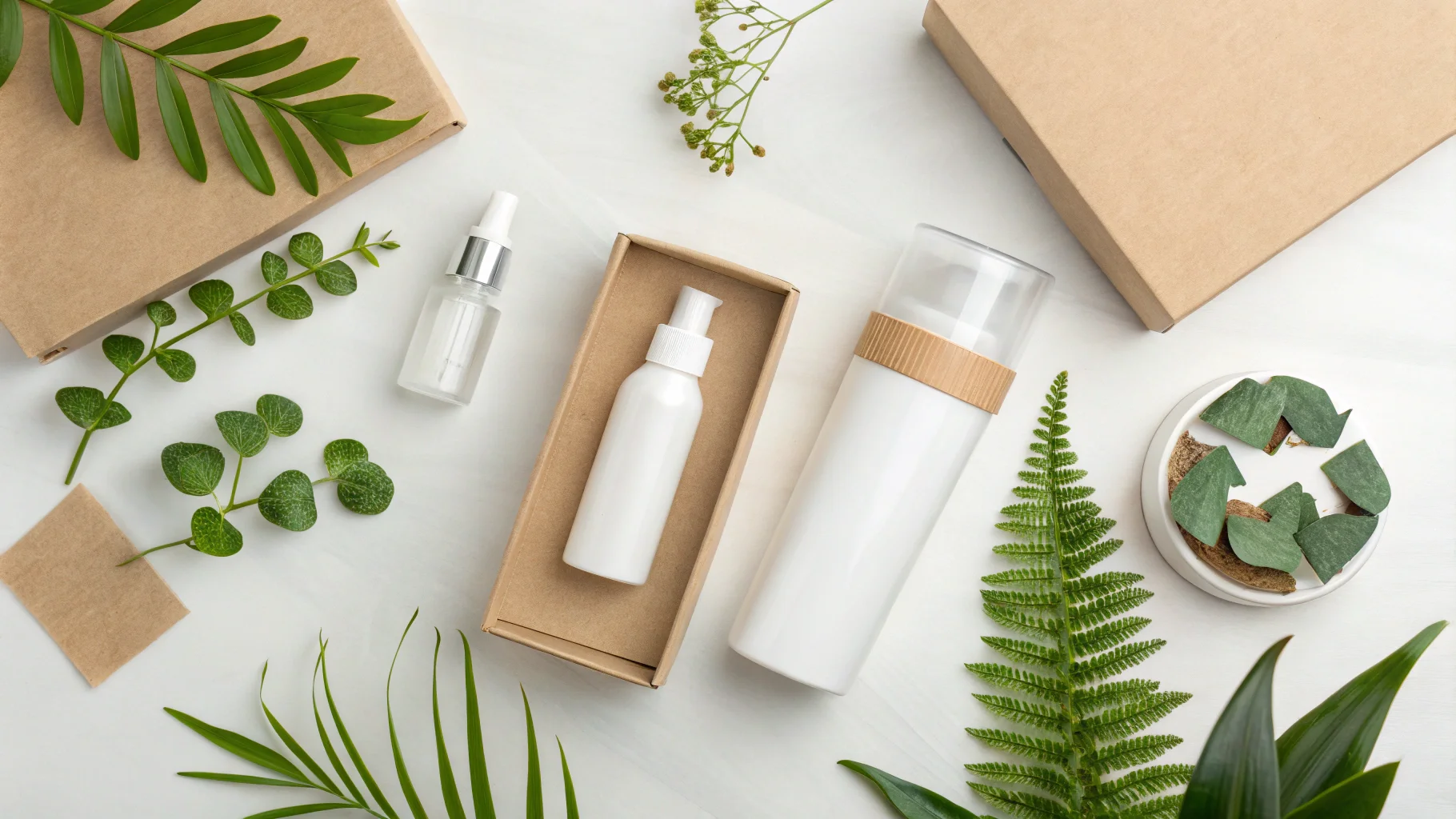 a variety of eco-friendly cosmetic containers on a nature-inspired background