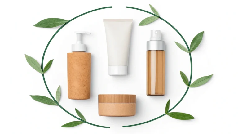 Natural skincare product bottles arranged in a circle with green leaves, highlighting eco-friendly packaging.
