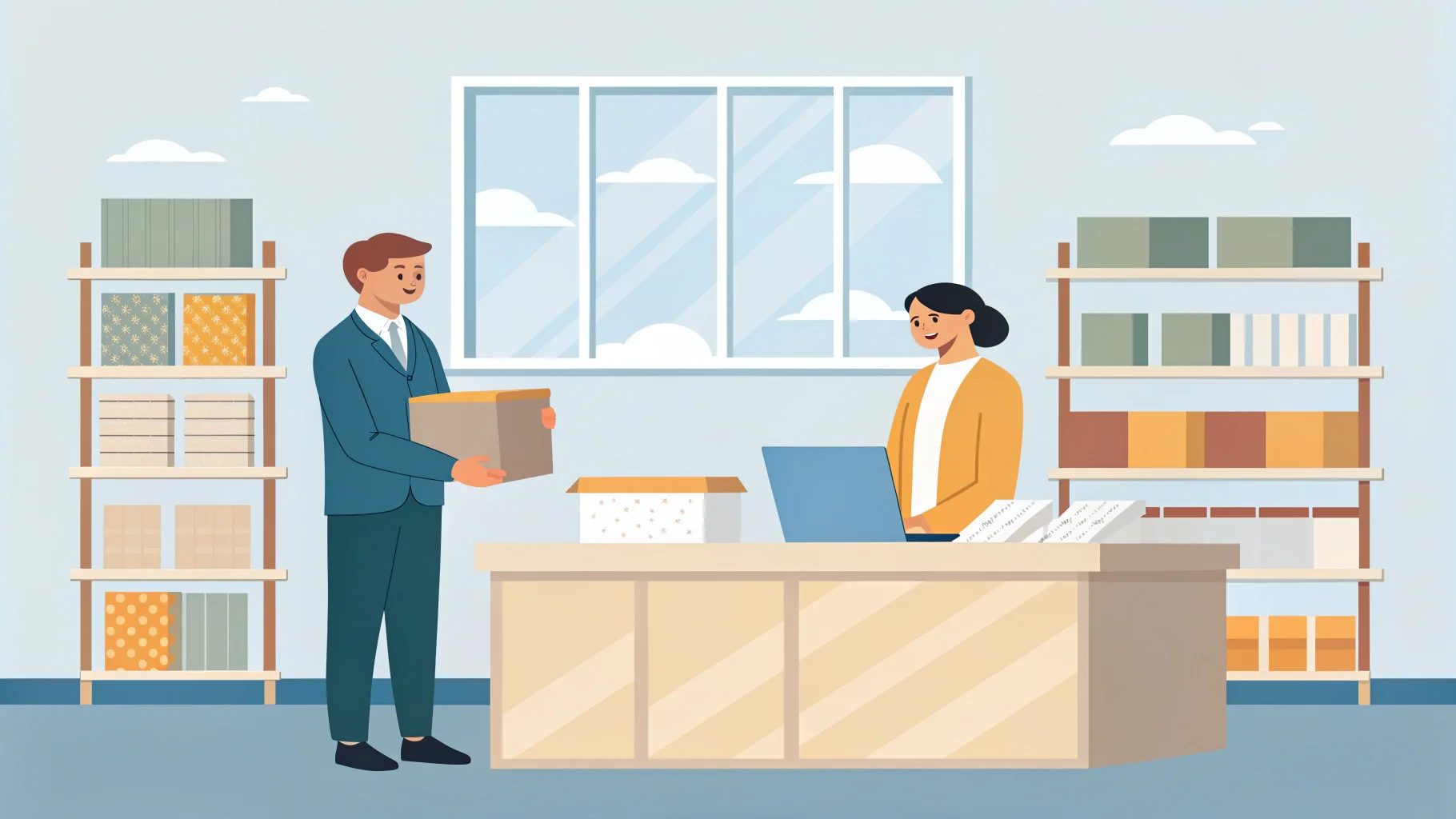 two people shaking hands over a table with box samples