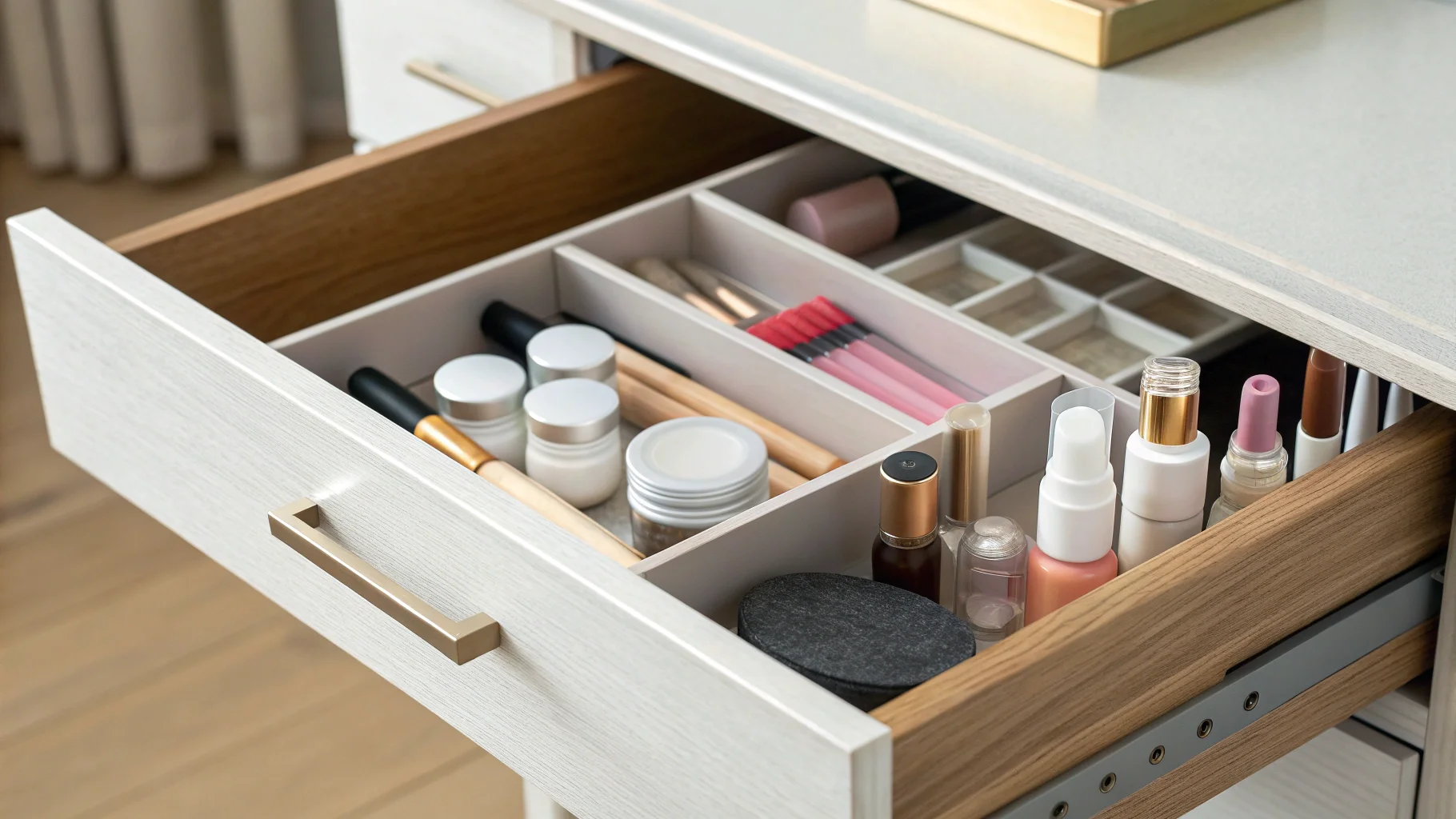alt with keywords: a drawer filled with unused sample-sized makeup products