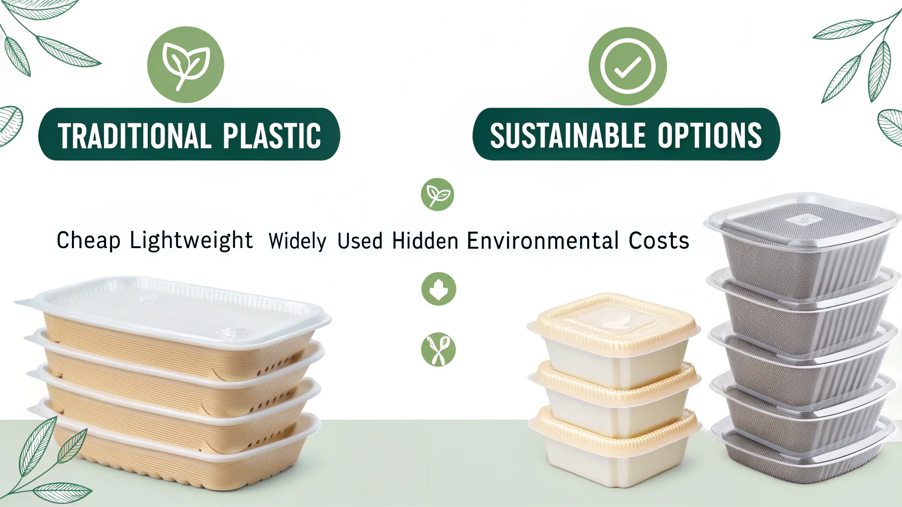 Sustainable vs Plastic Packaging Comparison A side-by-side comparison of a plastic bottle and a reusable glass bottle with a carbon footprint icon.