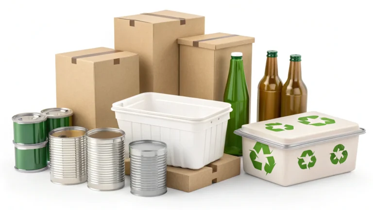 Assorted recyclable packaging materials including cardboard boxes, metal cans, glass bottles, and a container with recycling symbols.