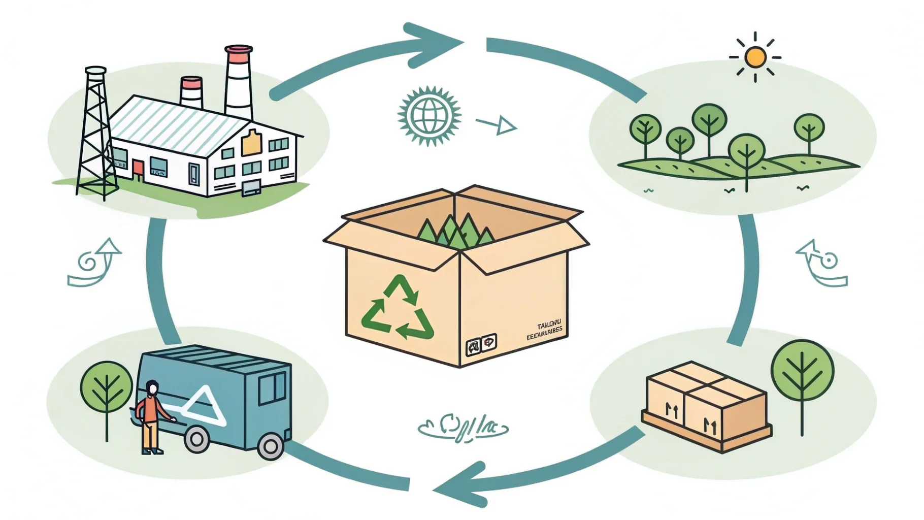 Circular Life Cycle of Packaging A circular diagram showing the stages: Sourcing, Manufacturing, Use, Recovery.