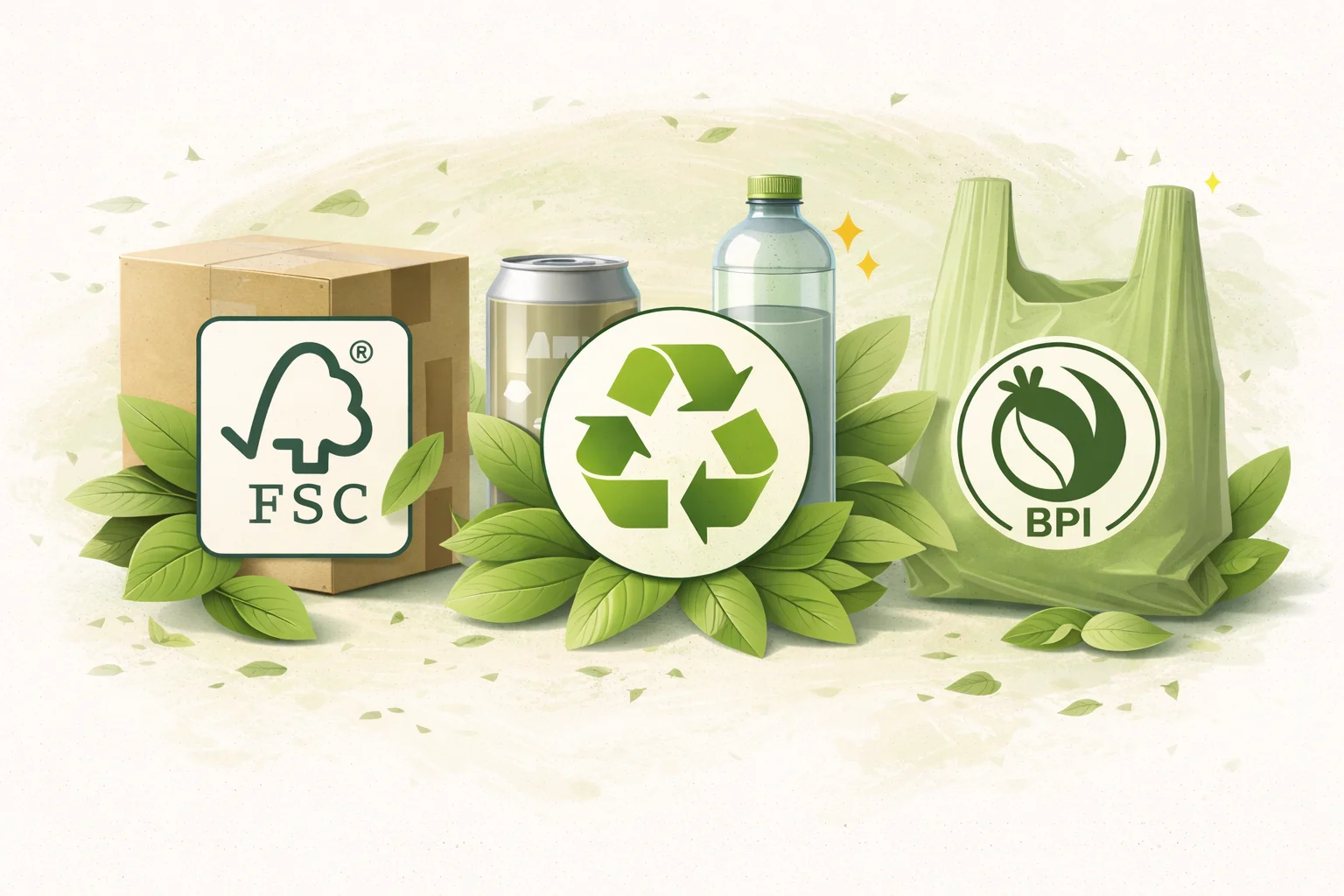 a collection of sustainability certification logos like FSC and BPI