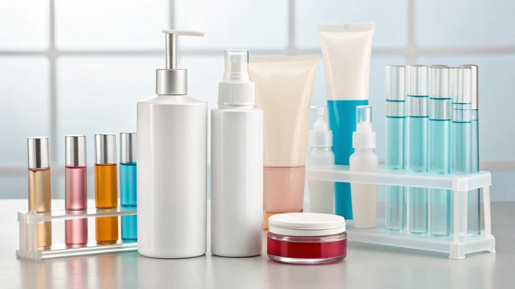 Various skincare products in bottles and tubes displayed on a table, including lotions, serums, and creams in different containers.