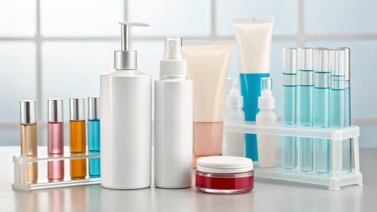Various skincare products in bottles and tubes displayed on a table, including lotions, serums, and creams in different containers.