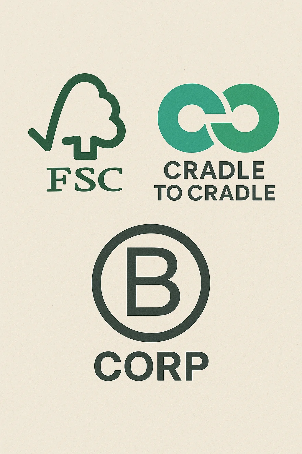 A collage of sustainability certification logos like FSC and B Corp