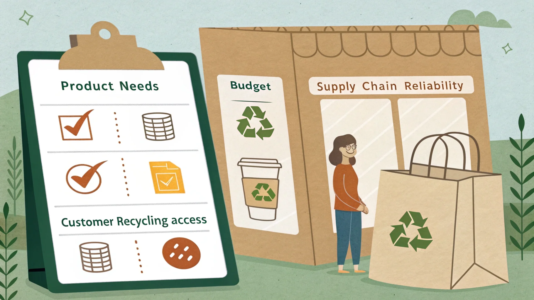 Choosing Sustainable Packaging Checklist A checklist graphic with icons for product, budget, supply chain, and customer.