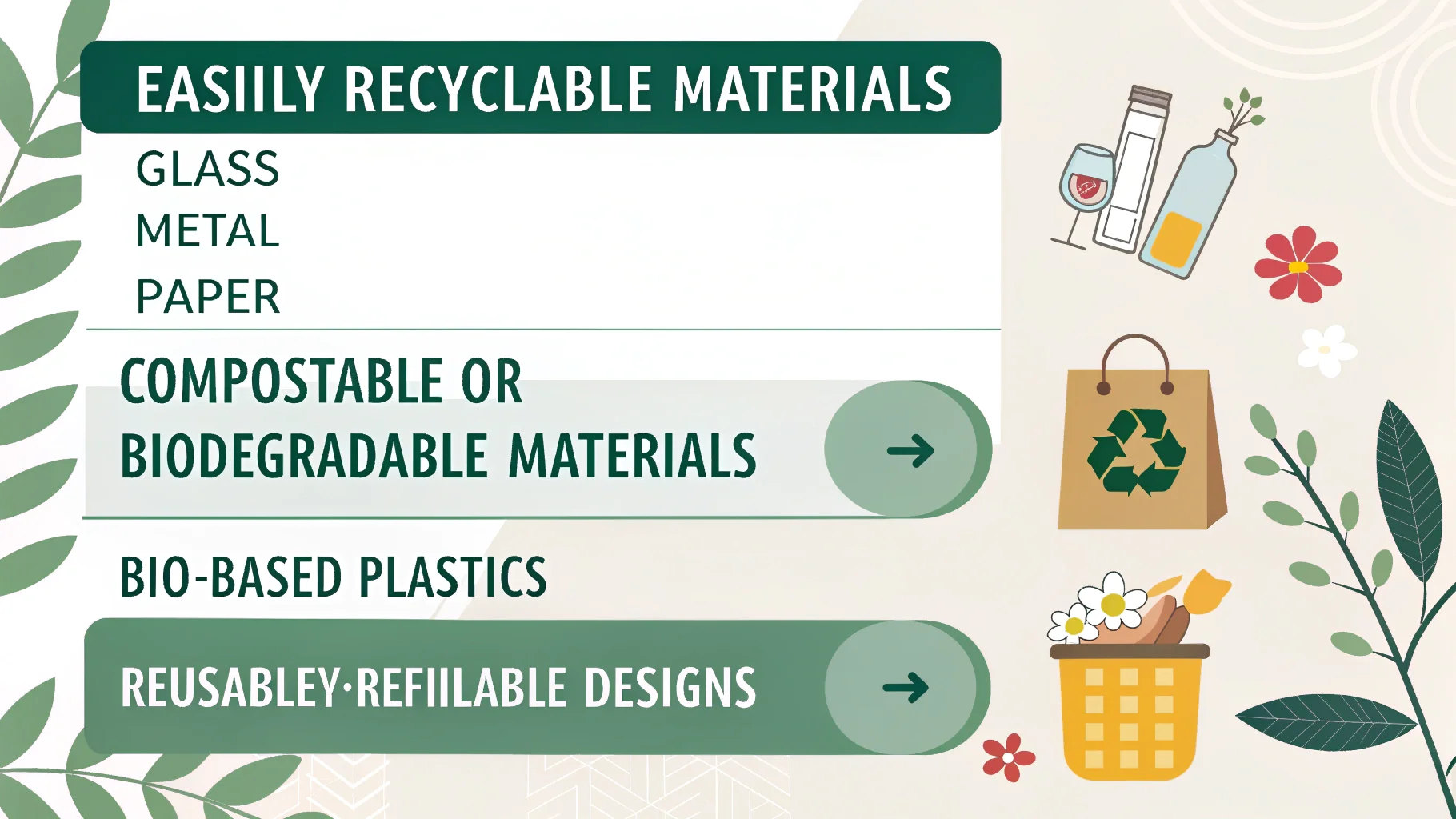 Types of Sustainable Packaging Materials A flat lay of different sustainable materials: recycled cardboard, glass, aluminum, and plant-based plastics.