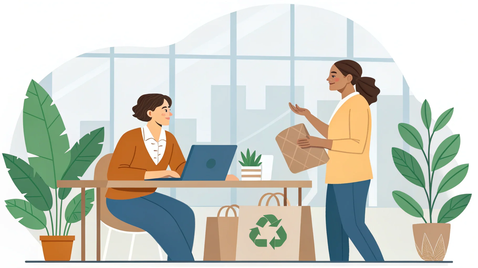 Two people shaking hands over a table with packaging blueprints