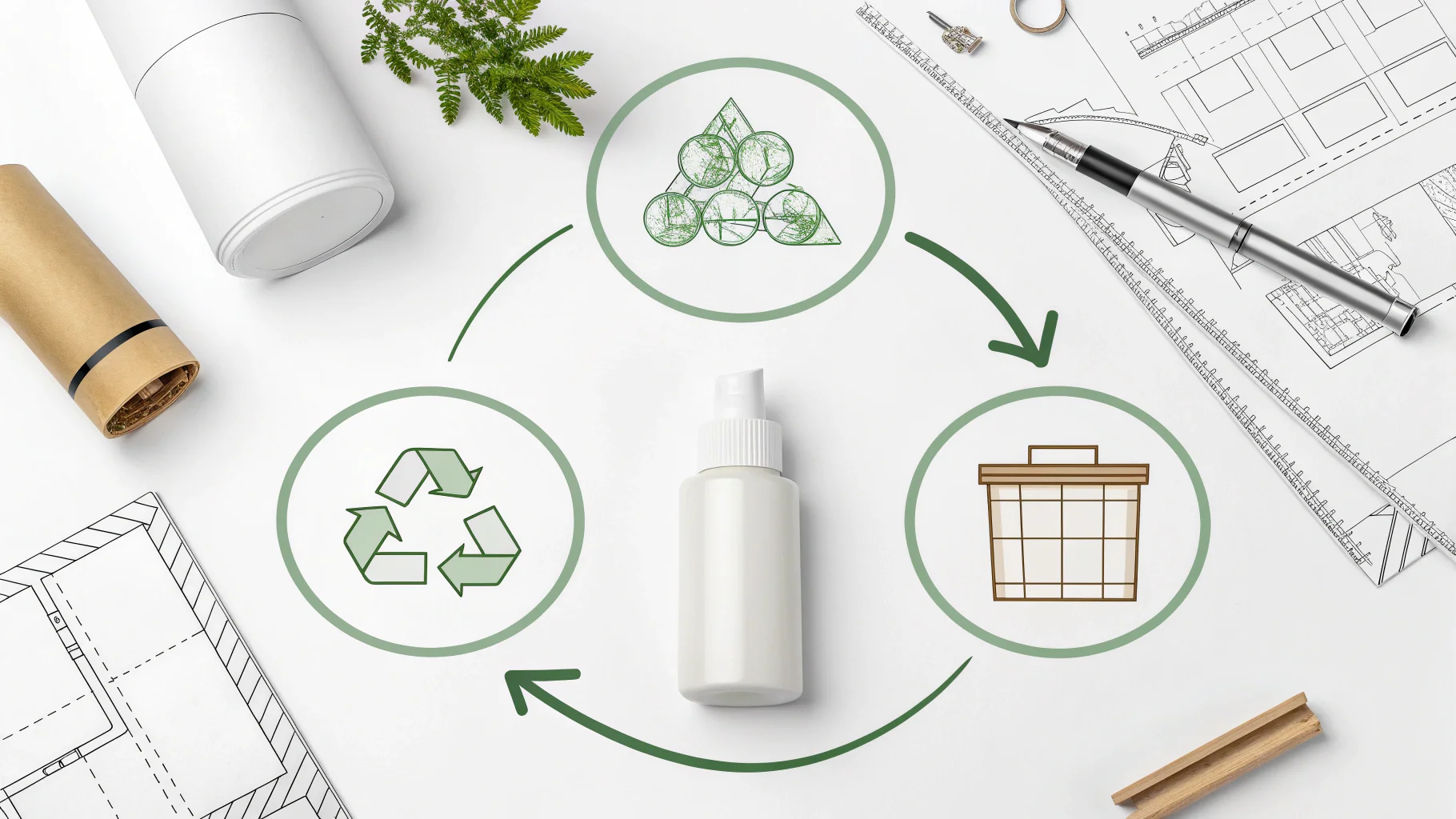 an icon representing Reduce, Reuse, and Recycle in a circle