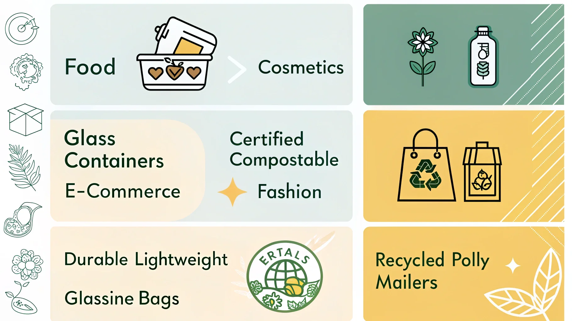 Sustainable Packaging by Industry A grid showing different products (food, cosmetics, clothing) next to their ideal sustainable packaging.
