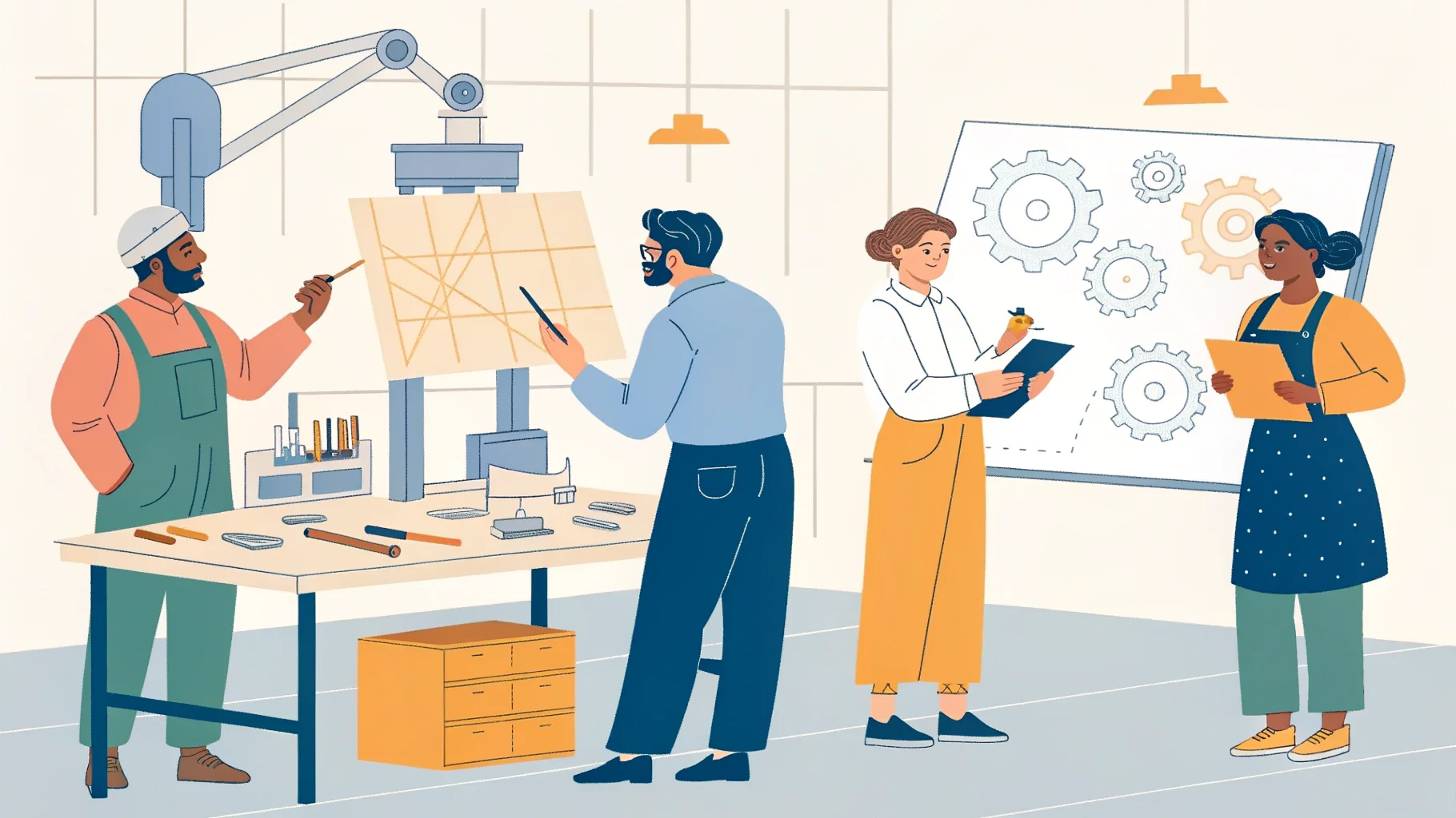 A team of designers and engineers collaborating over a packaging prototype