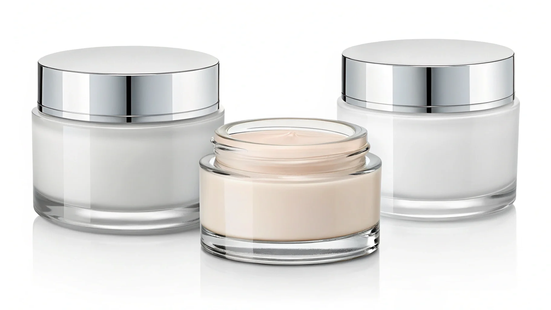 Different types of glass cosmetic jars: heavy-base, straight-sided, and frosted.