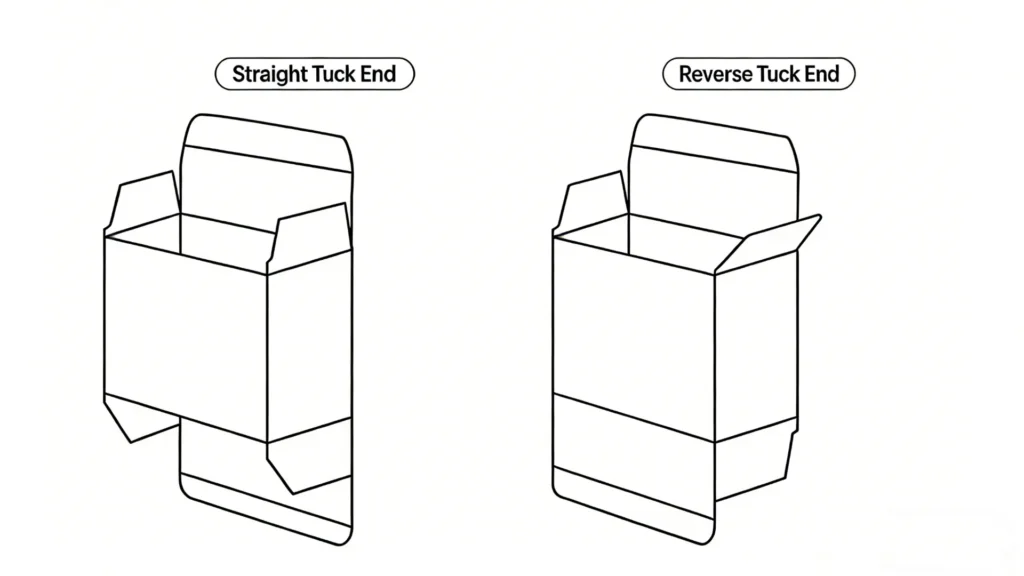 Illustration showing straight tuck end and reverse tuck end box designs side by side with labels.