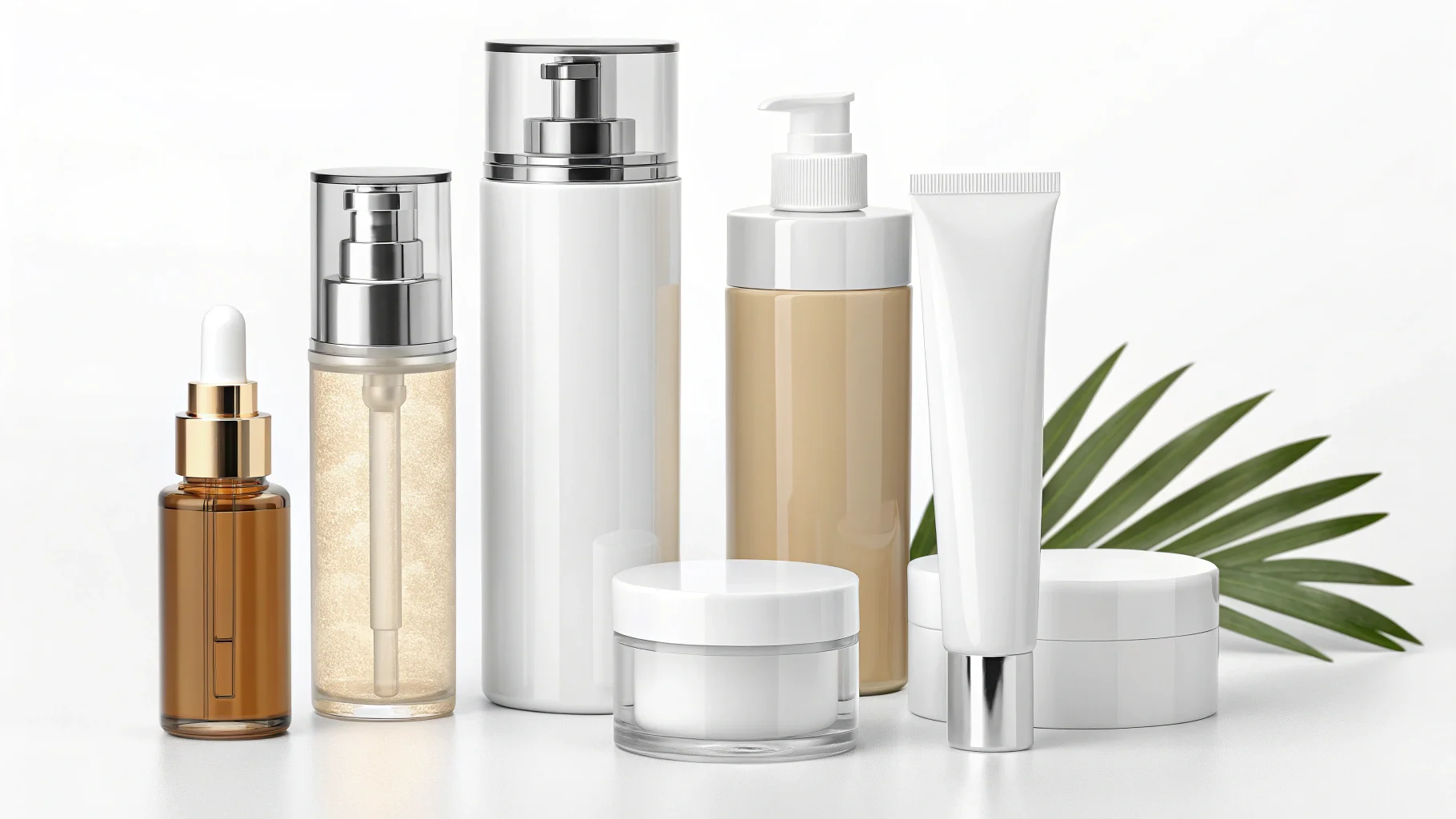a collection of different cosmetic packaging types like jars, bottles, and tubes