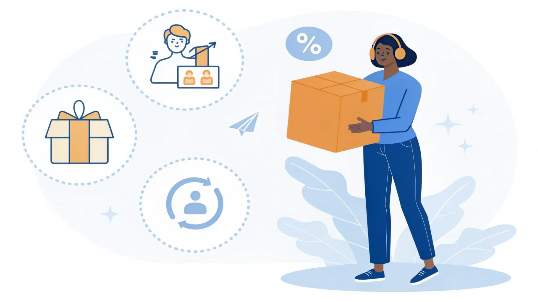 A person typing on a laptop with a question mark icon on the screen