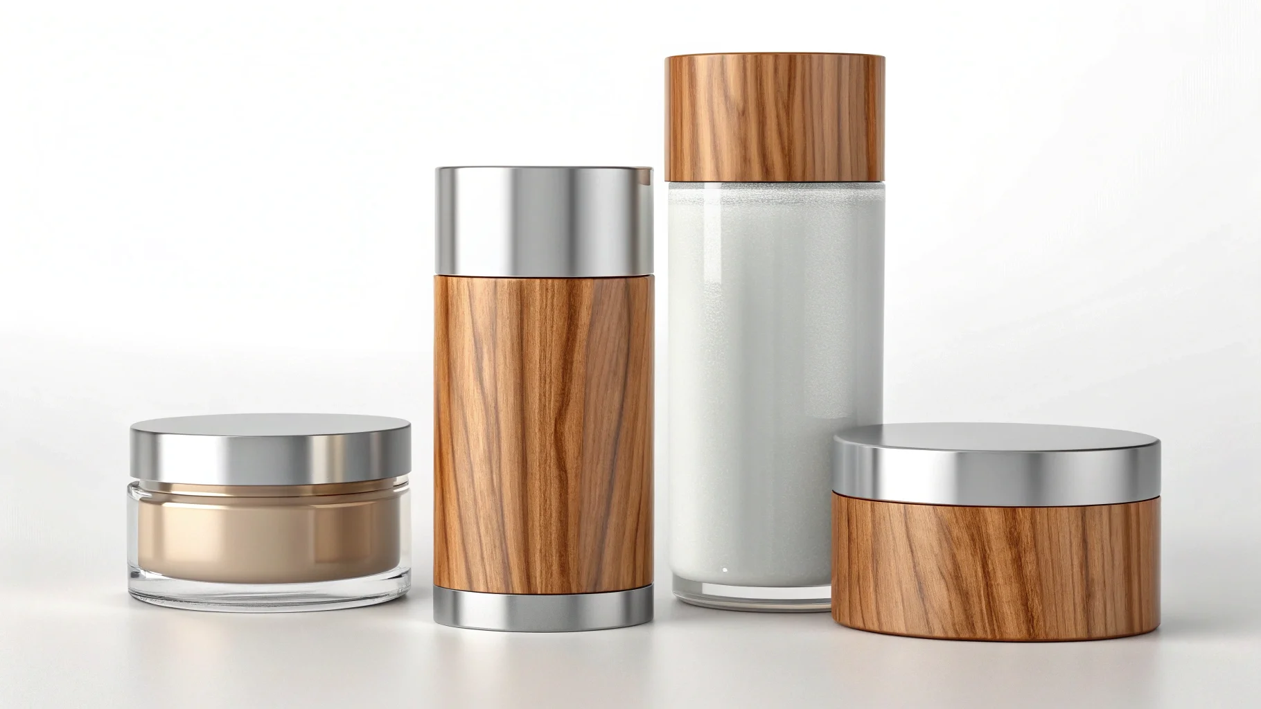 Different premium materials like glass, wood, and metal for cosmetics