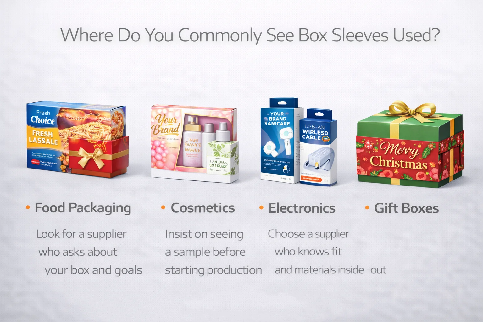 a montage of products with sleeves: a chocolate box, a soap bar, and a frozen meal