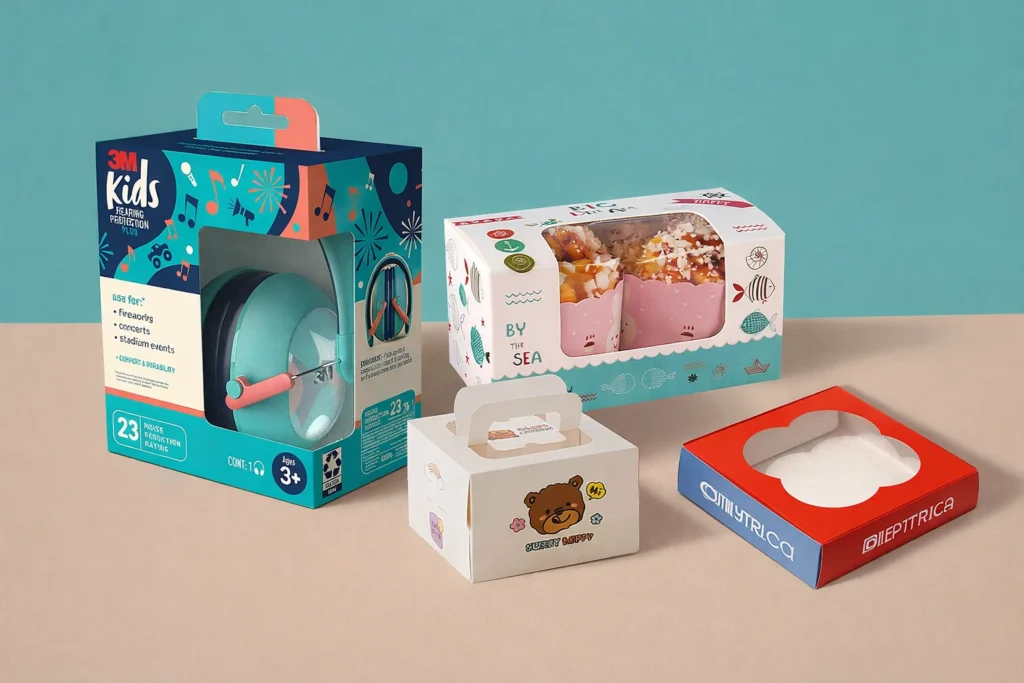 Several packaging boxes including a 3M Kids ear protection box, sweet treats, and food containers, displayed against a teal backdrop.