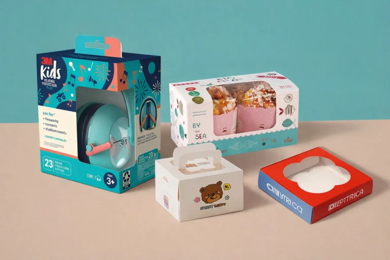 Several packaging boxes including a 3M Kids ear protection box, sweet treats, and food containers, displayed against a teal backdrop.
