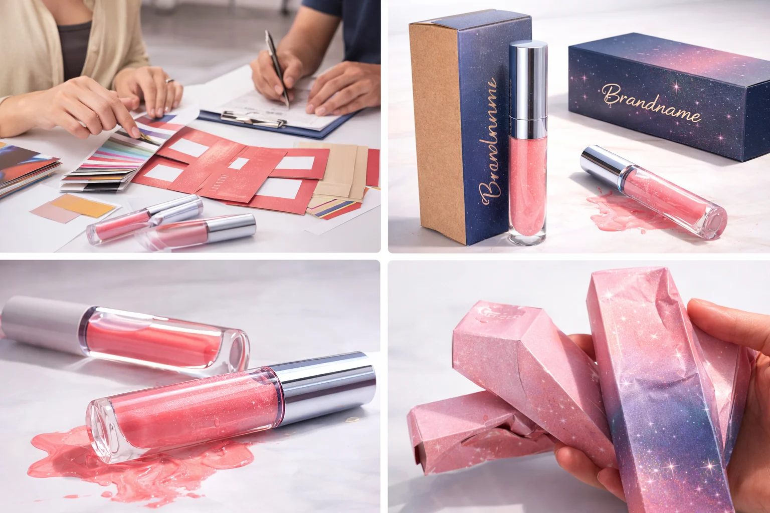 Common Lip Gloss Packaging Mistakes A photo of a leaky lip gloss tube next to a poorly designed box