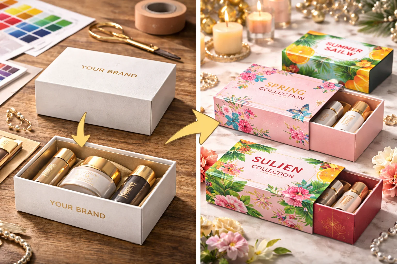 A collection of beautiful custom sleeve boxes for cosmetics