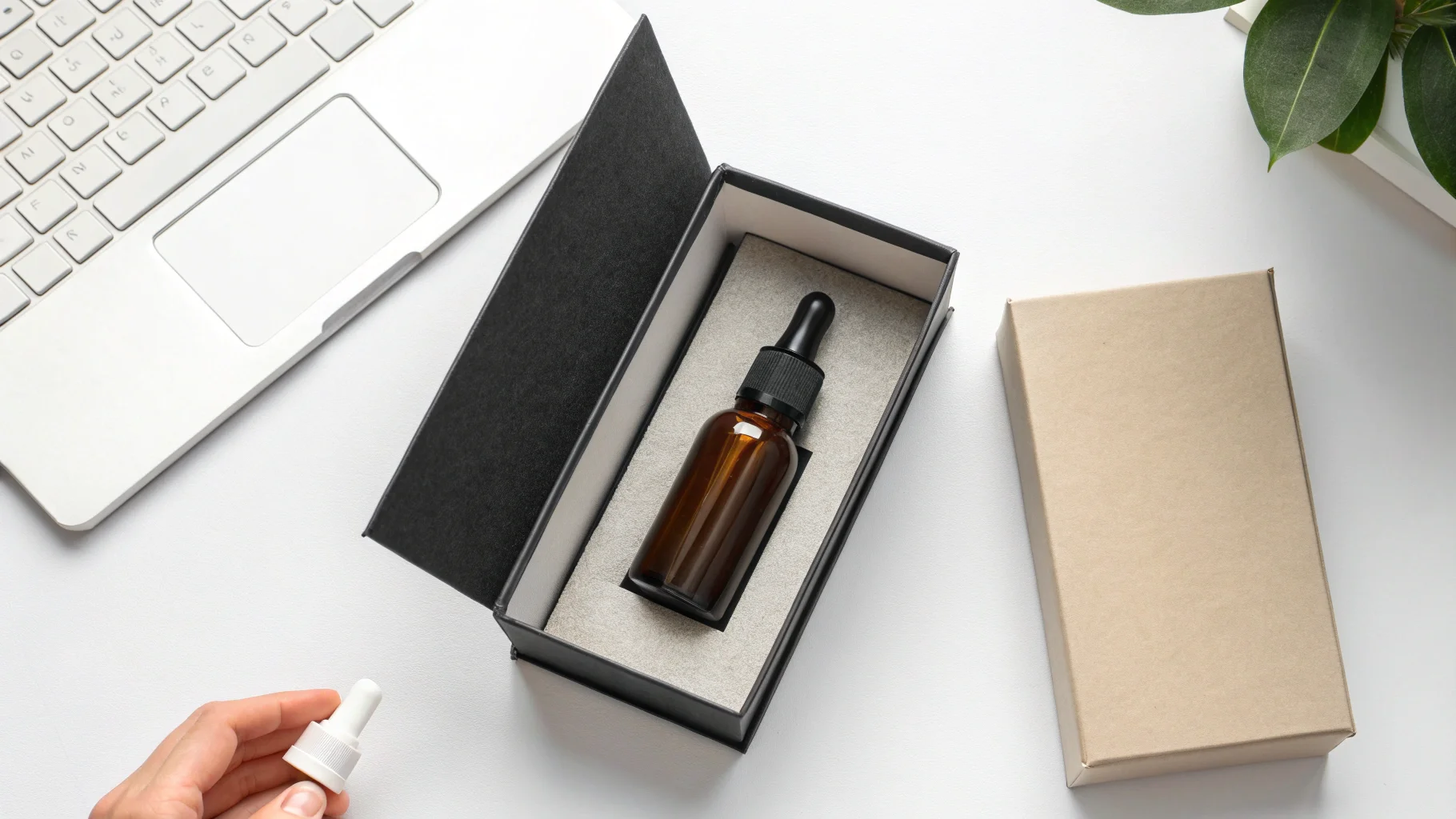 A serum bottle sitting securely inside a custom paperboard insert