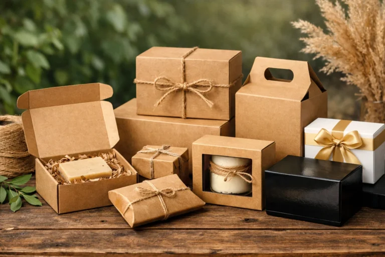 Assorted biodegradable boxes with twine on wooden table, showcasing eco-friendly gift packaging solutions.