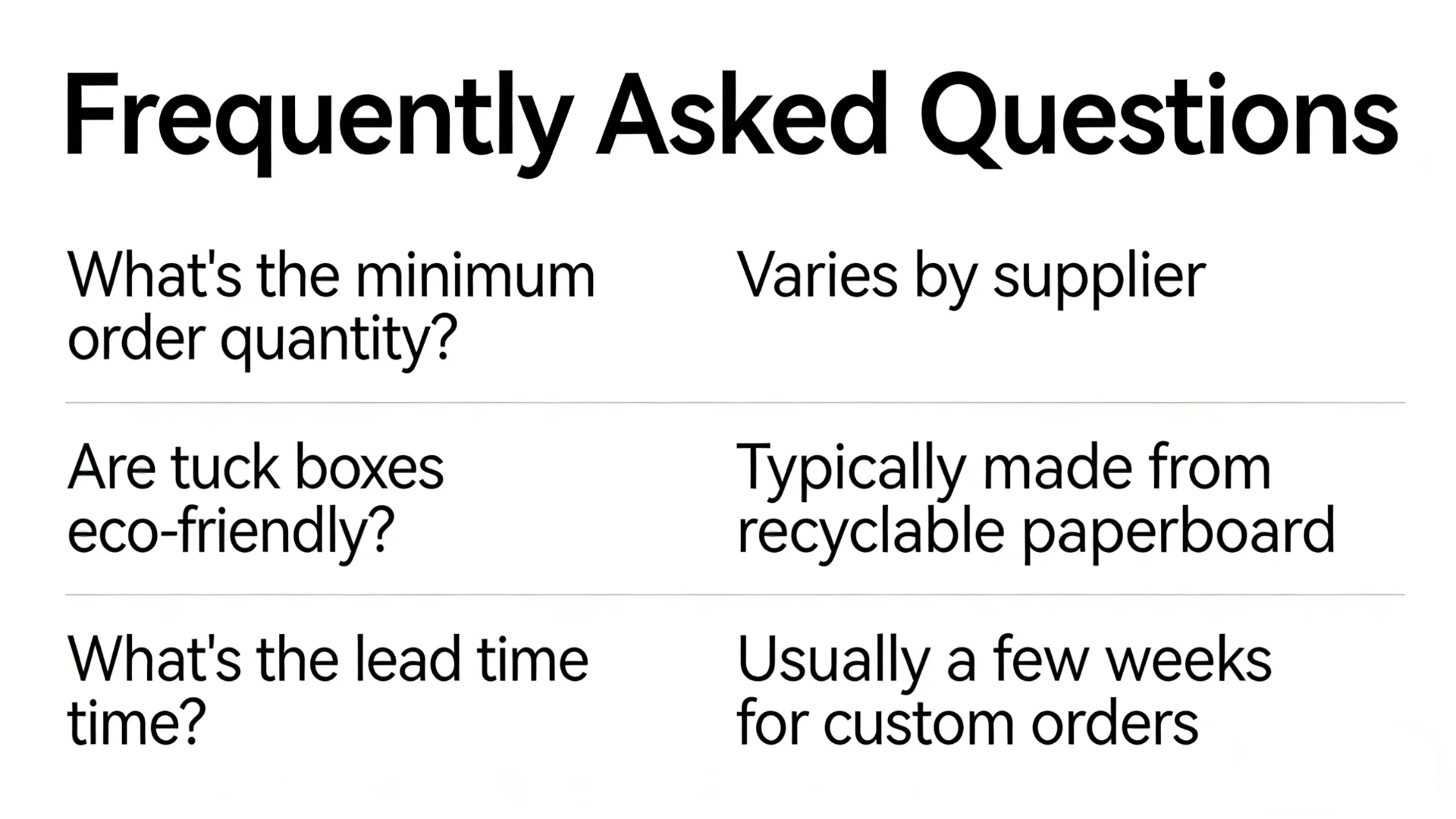 FAQ About Tuck Boxes A question mark icon over a stack of tuck boxes