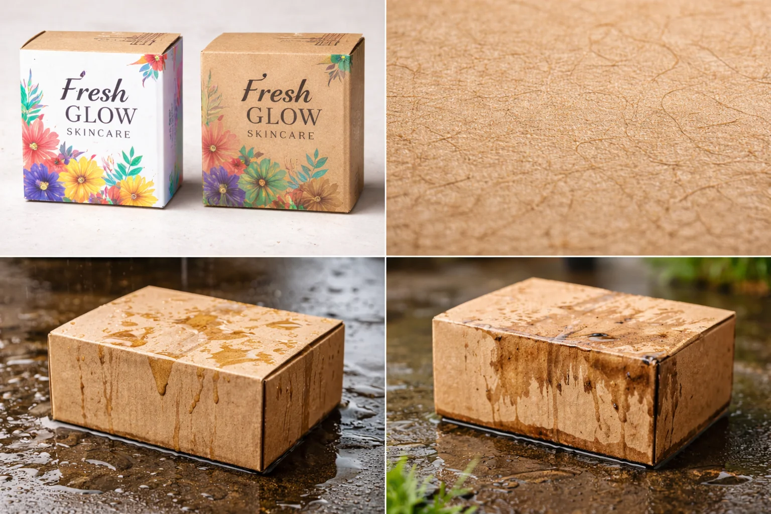 A brightly colored logo printed poorly on a kraft box