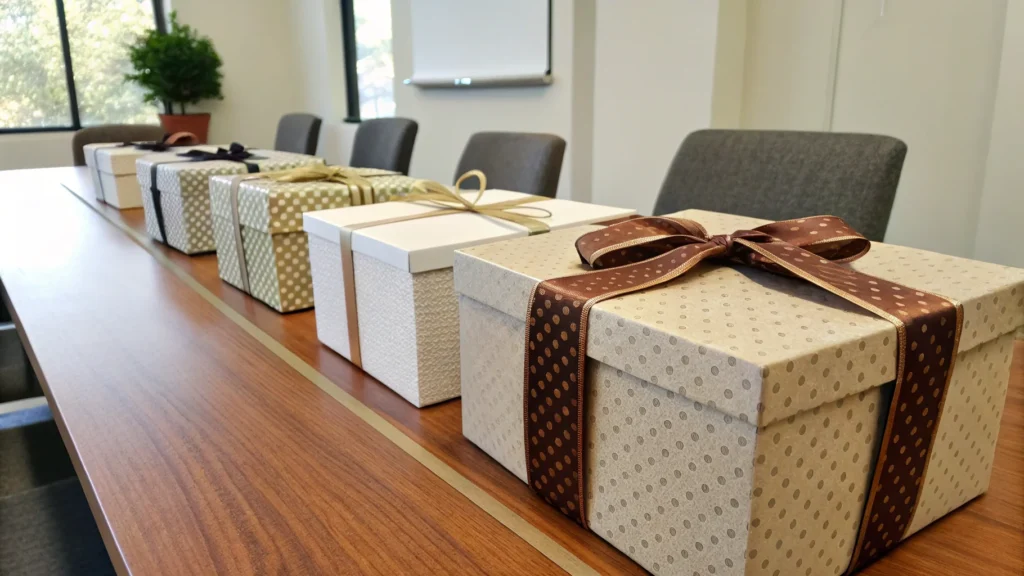 Several elegantly wrapped gift boxes with ribbons placed on a wooden conference table in a modern office setting.