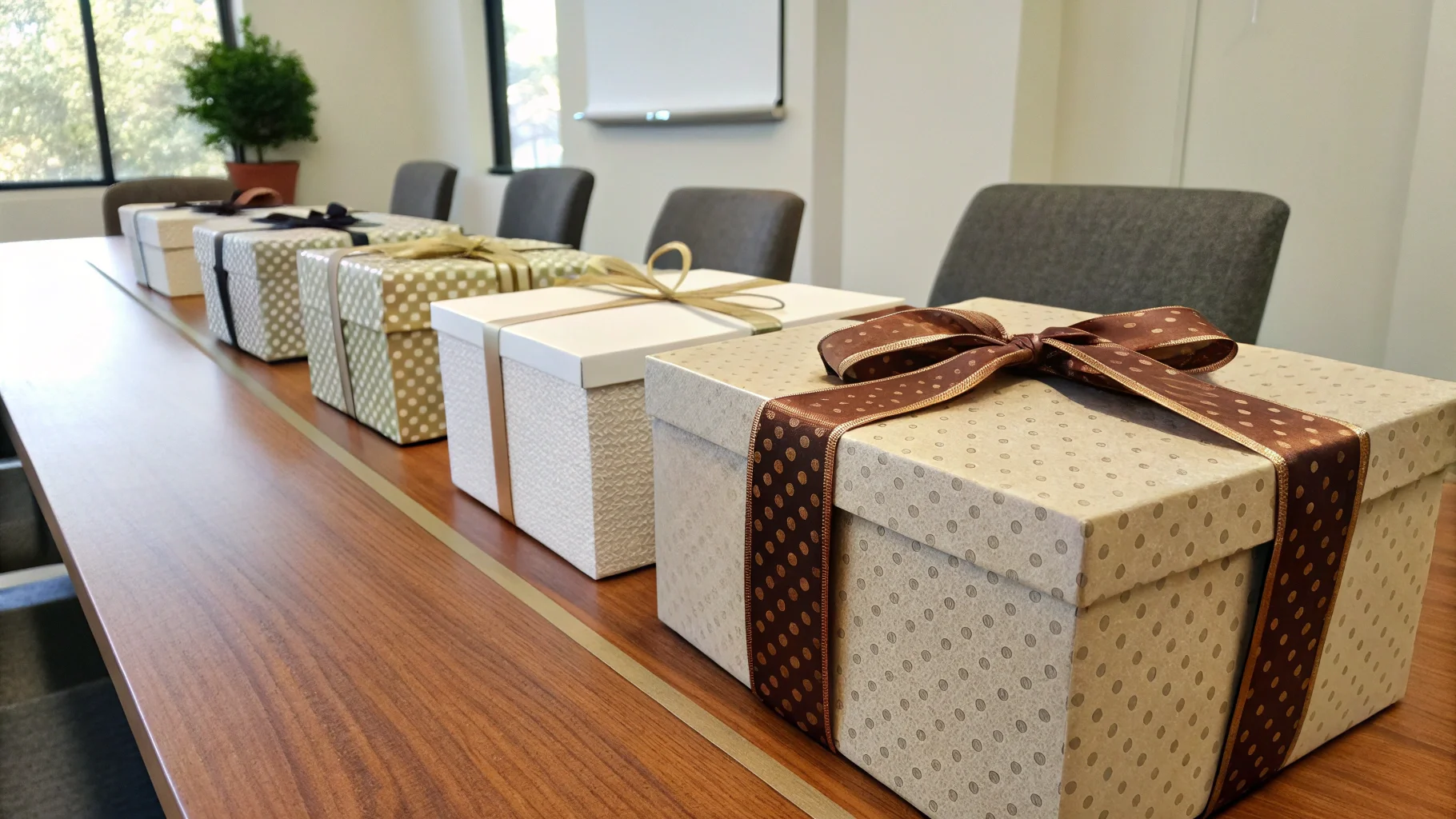 Several elegantly wrapped gift boxes with ribbons placed on a wooden conference table in a modern office setting.