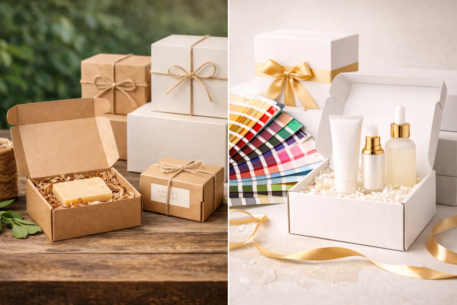 A kraft box and a white box side-by-side