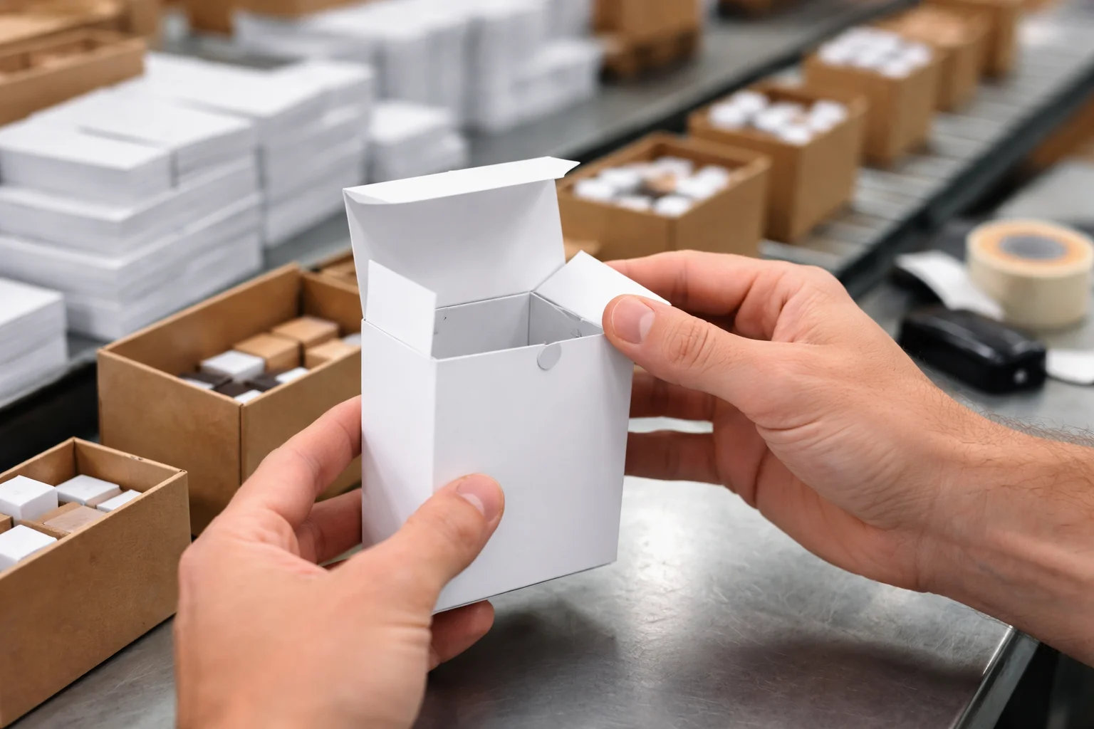 Easy Assembly of Tuck Boxes Hands assembling a custom tuck box