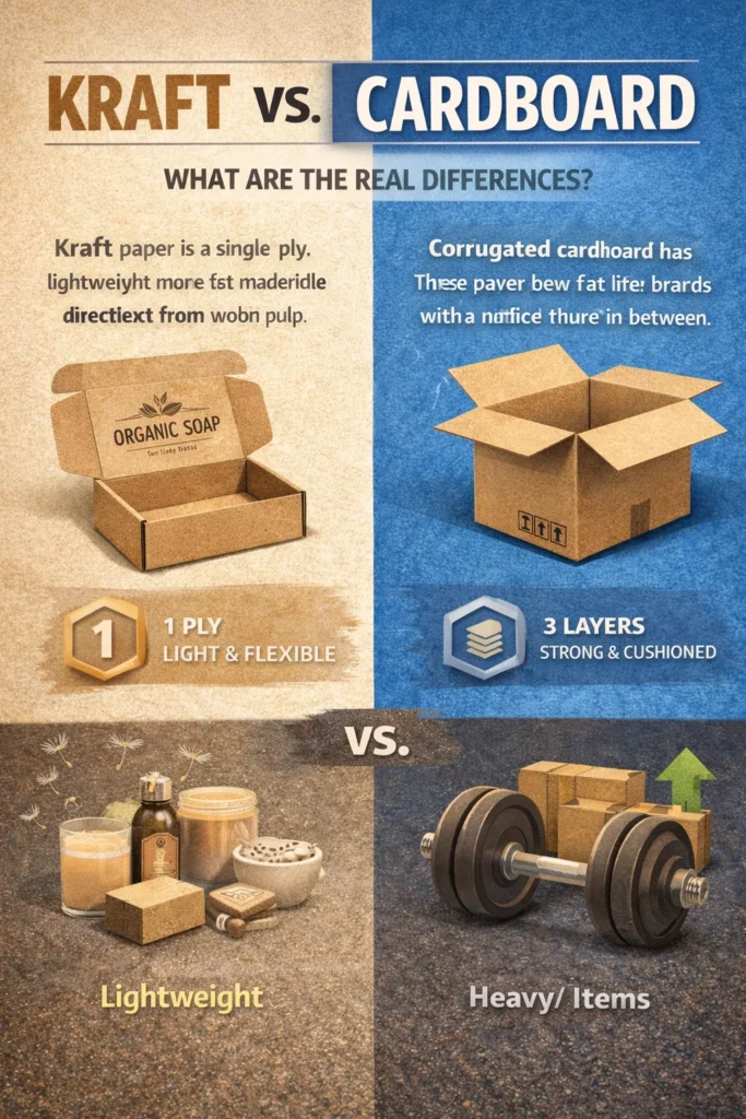 Infographic comparing Kraft paper and cardboard with images of packaging, highlighting the differences in ply, flexibility, and suitable uses for lightweight and heavy items.