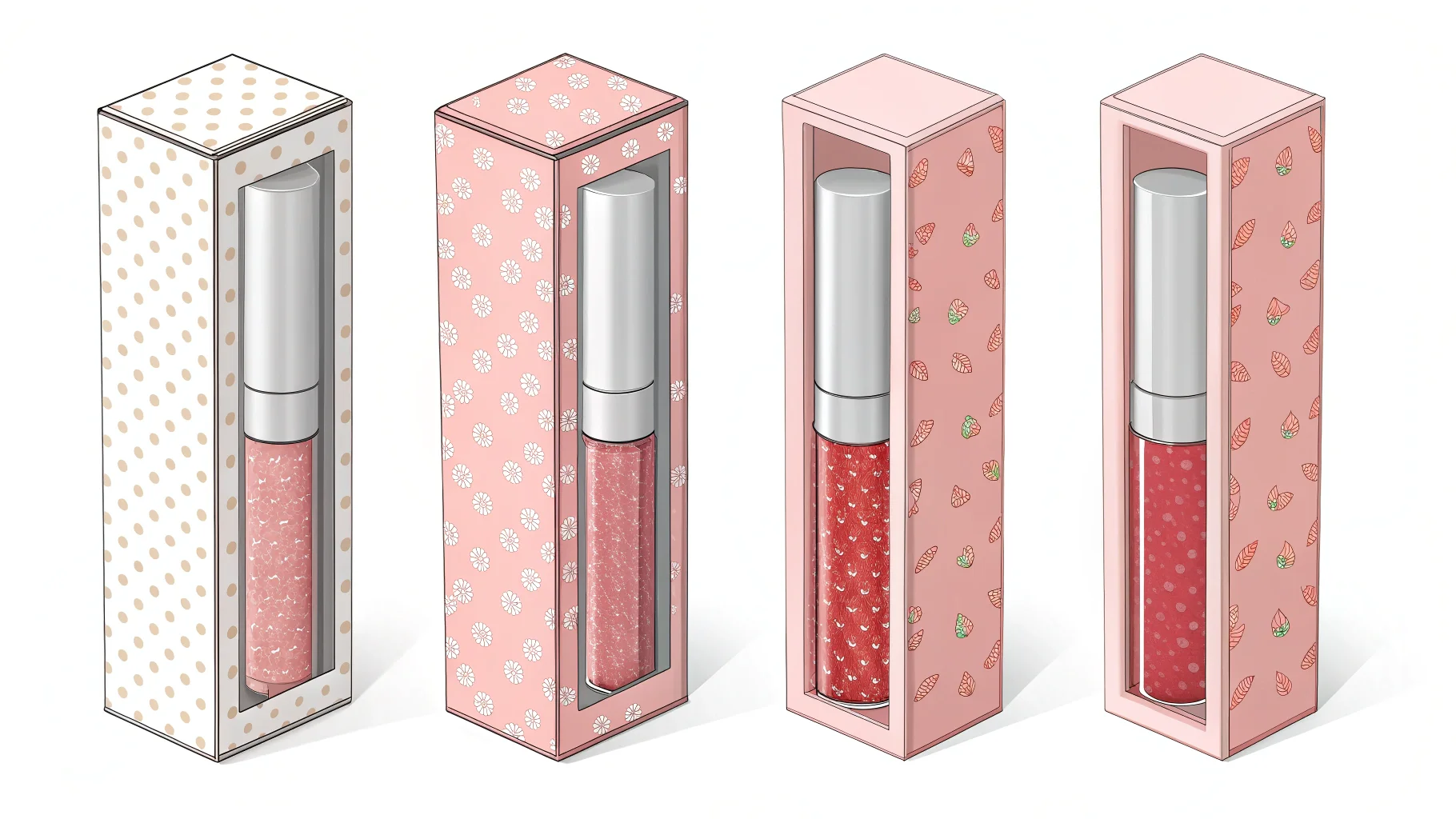 Popular Lip Gloss Box Styles Three popular box styles: a tuck-end box, a sleeve box, and a window box