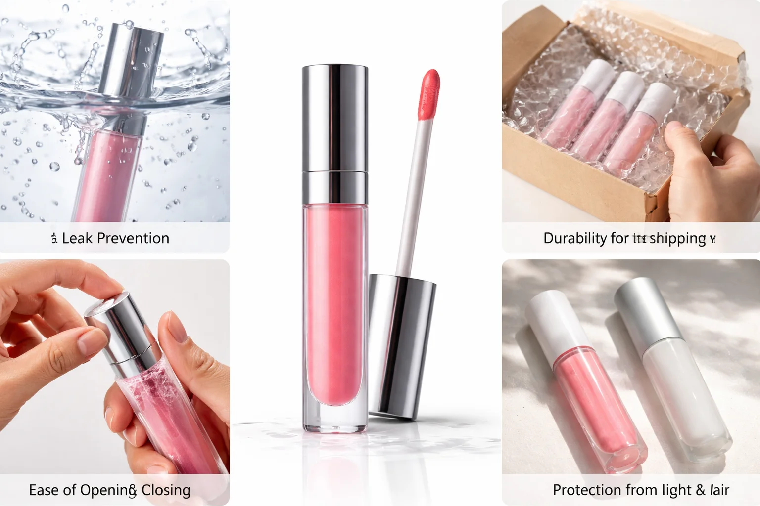 Functional Lip Gloss Packaging Design A diagram showing the functional parts of a lip gloss tube, like the wiper and cap thread