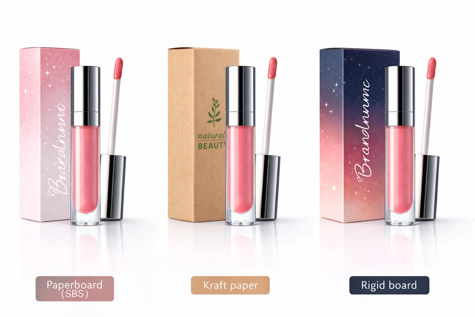 Lip Gloss Packaging Materials Samples of different paper materials like SBS, kraft, and rigid board