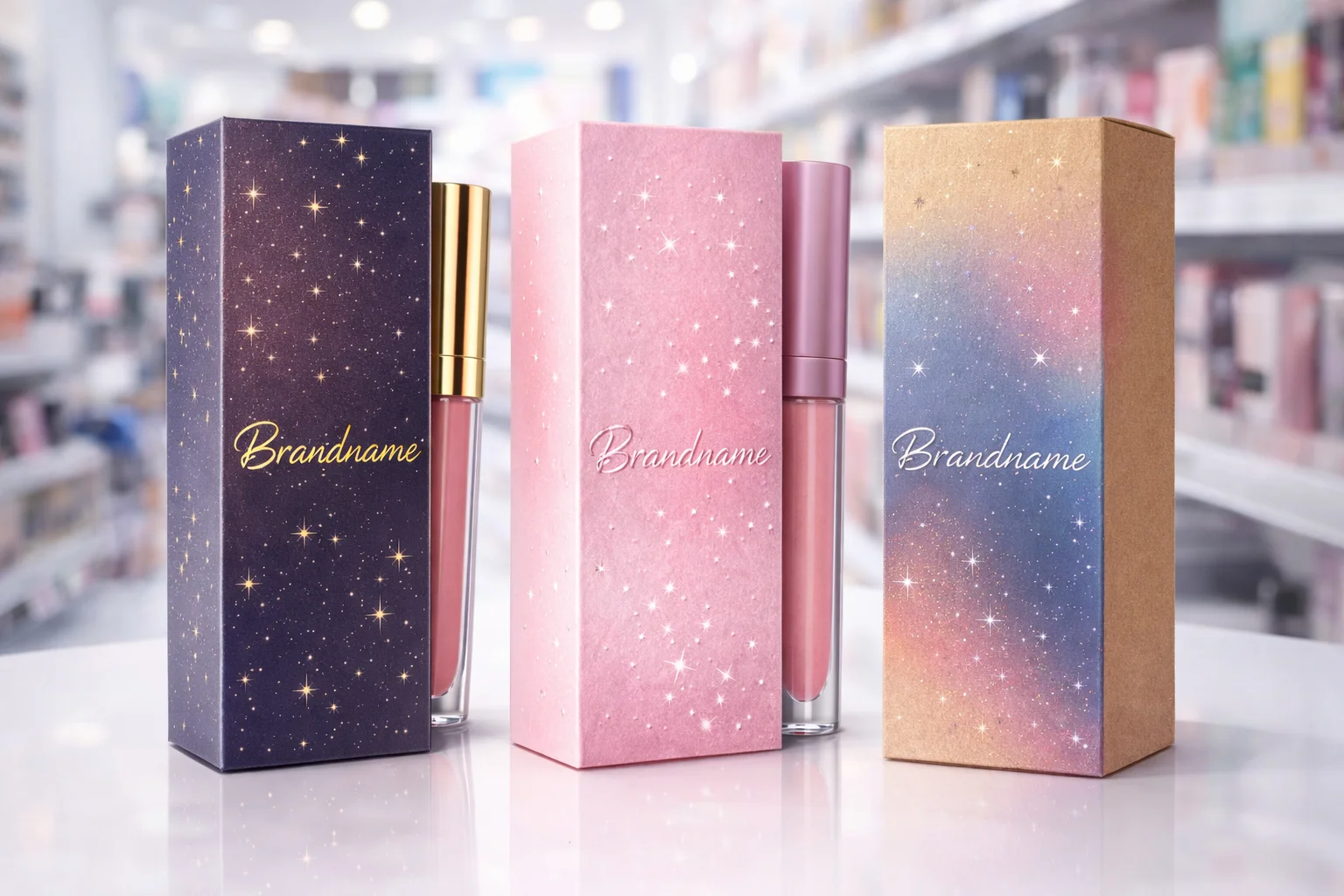 Packaging Printing and Finishing Options A close-up of a lip gloss box showing foil stamping and embossing details