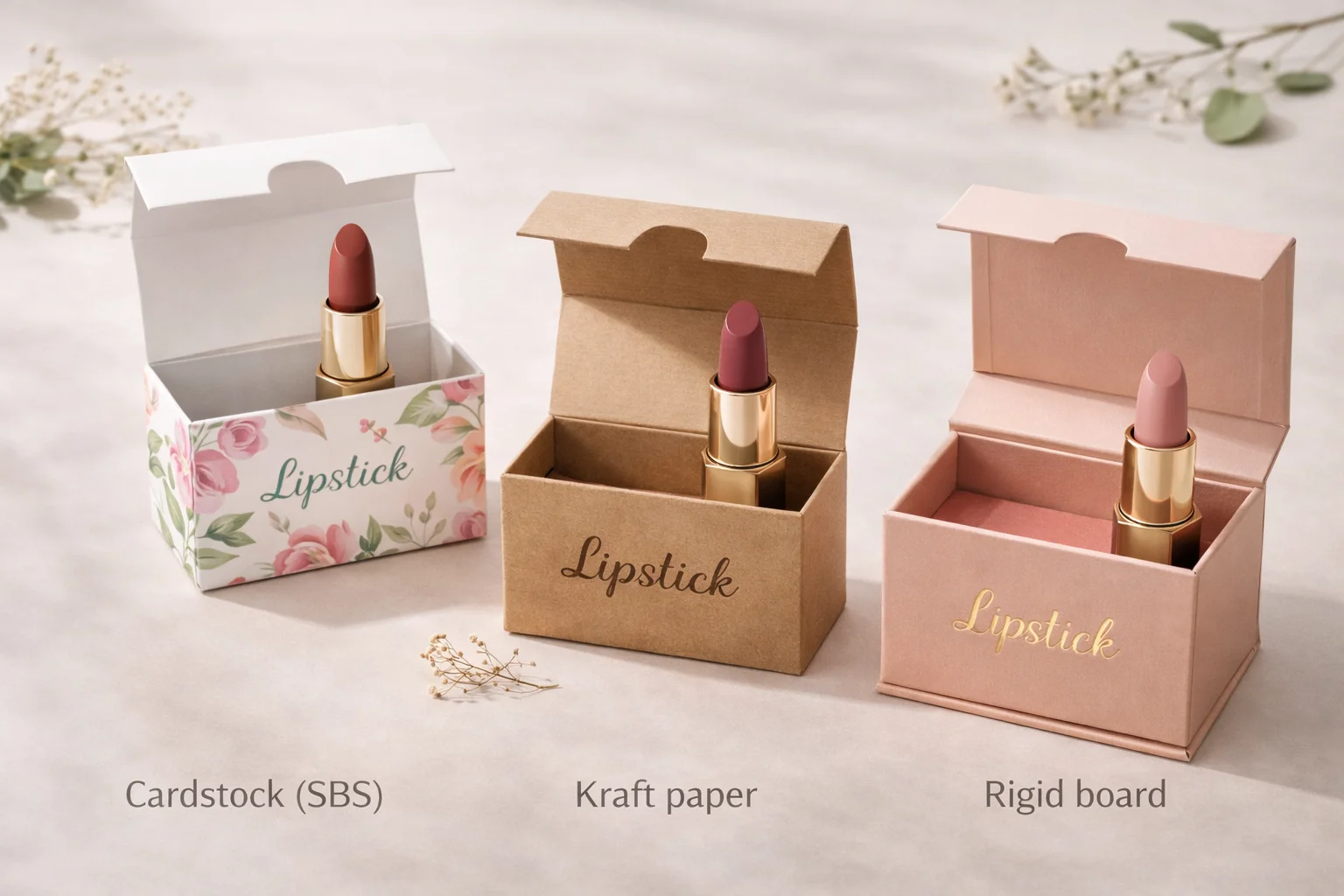 Samples of different paper materials for boxes