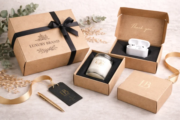 Boxed gift set with luxury branding, including a candle, earbuds, and accessories, displayed on a textured surface with decorative elements.
