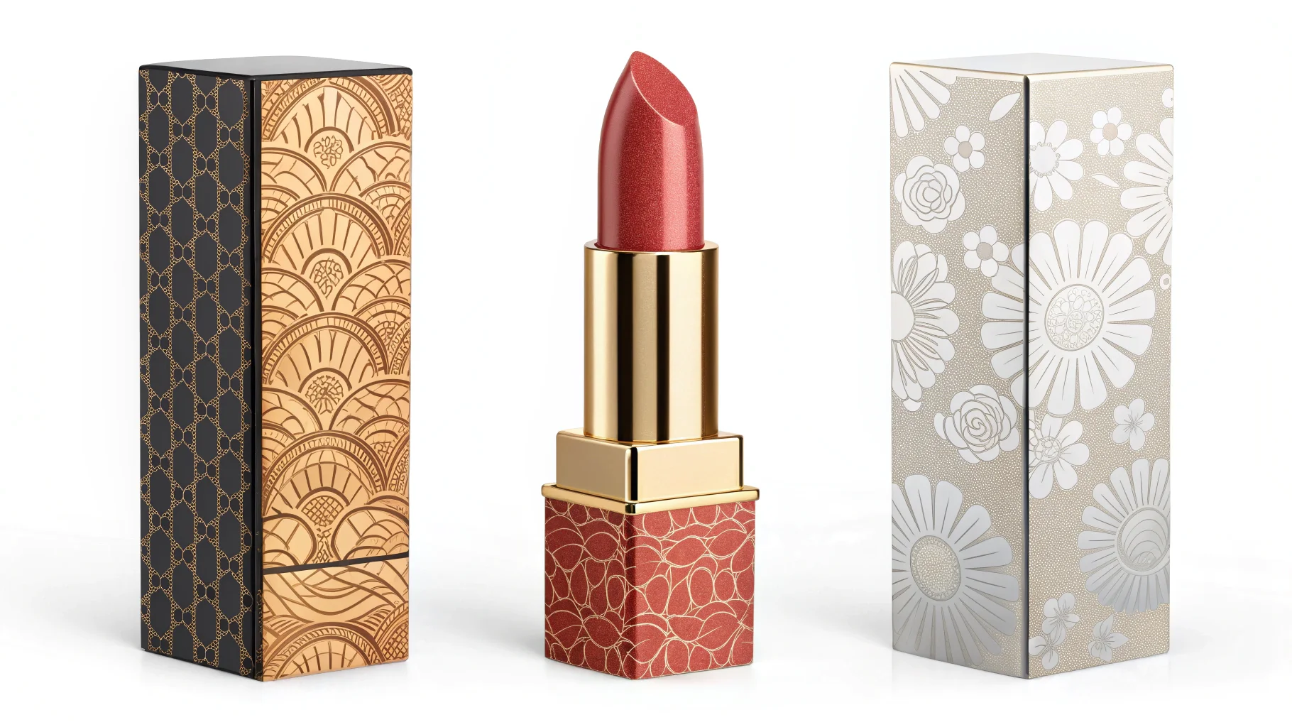 A lipstick box with gold foil and embossing