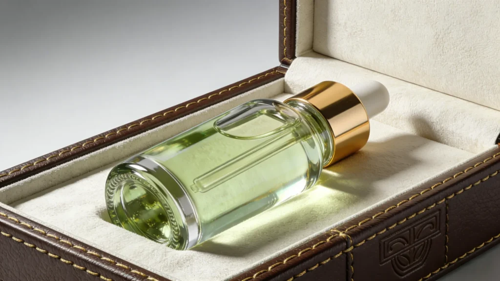A luxury perfume bottle with a gold cap and light green liquid displayed in an elegant brown leather case with soft interior.