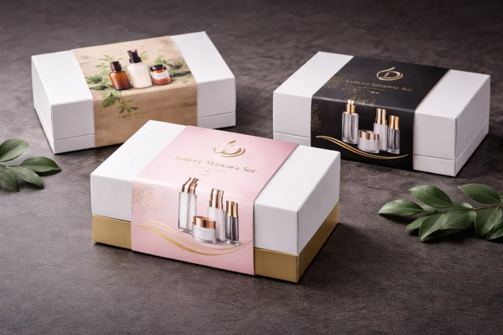Three luxury skincare gift boxes, each with distinct packaging design, displayed on a textured surface with green leaves nearby.