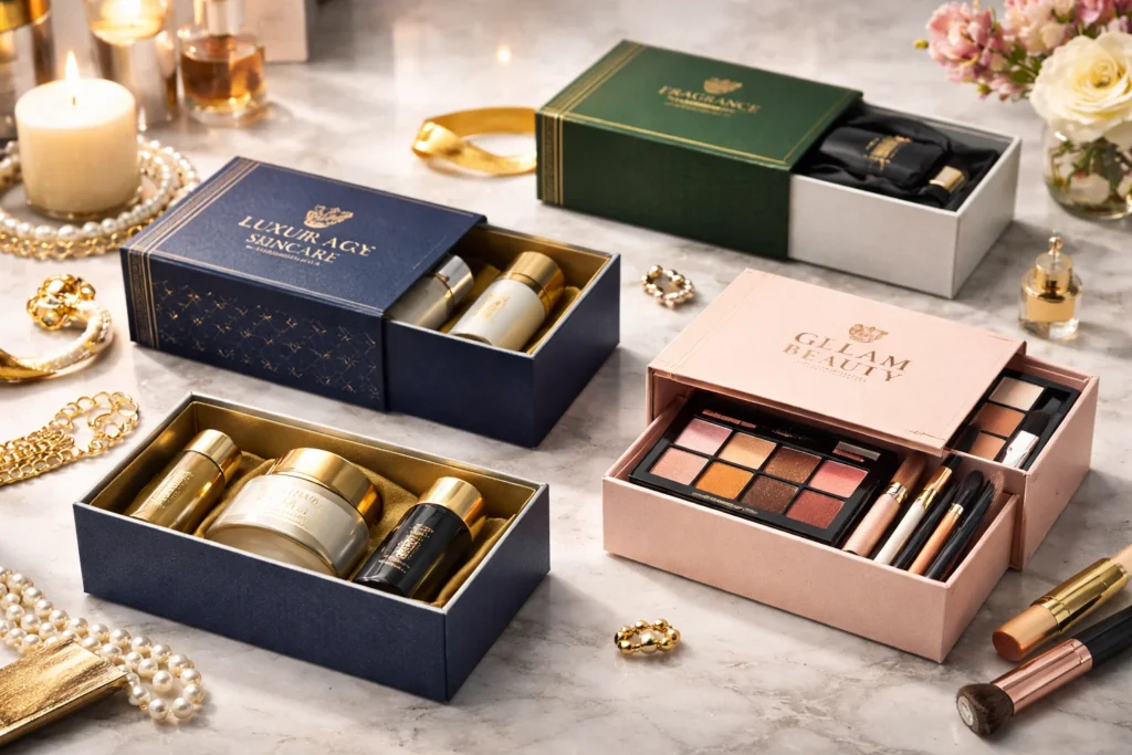 Luxurious skincare and makeup boxes in blue and pink on a marble surface, surrounded by gold accessories and rose flowers.