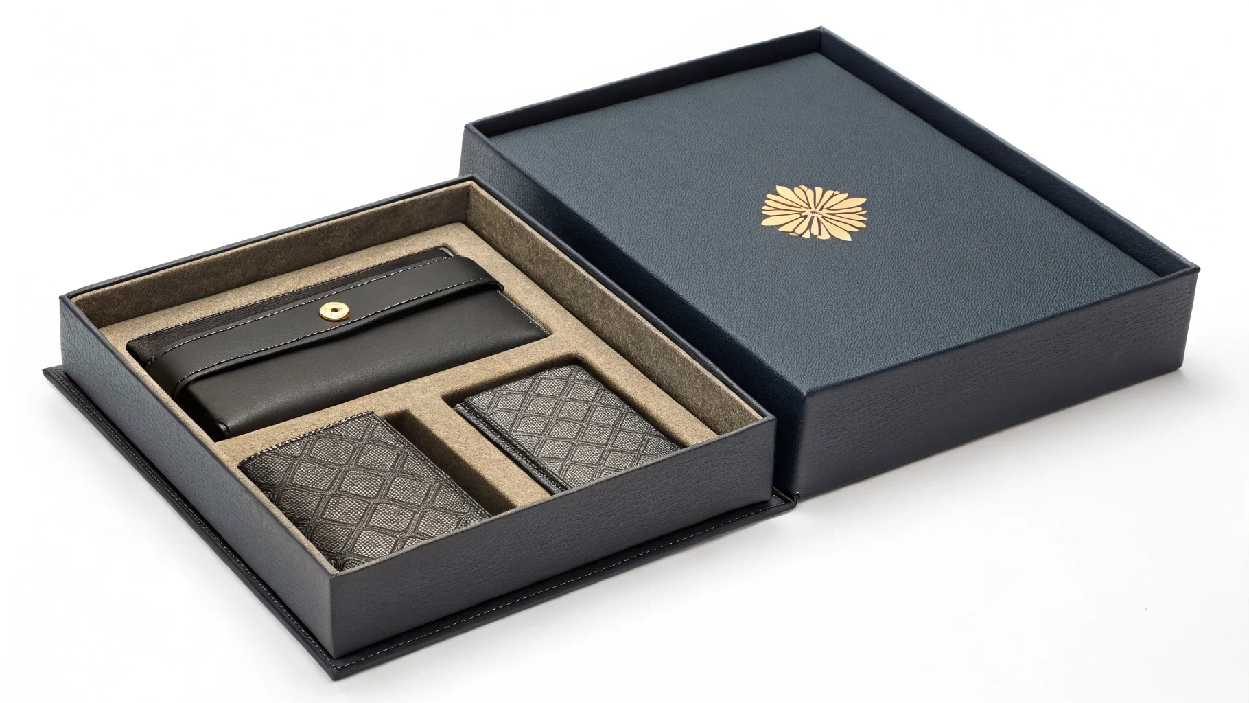 A gift box made from recycled materials with an eco-friendly symbol