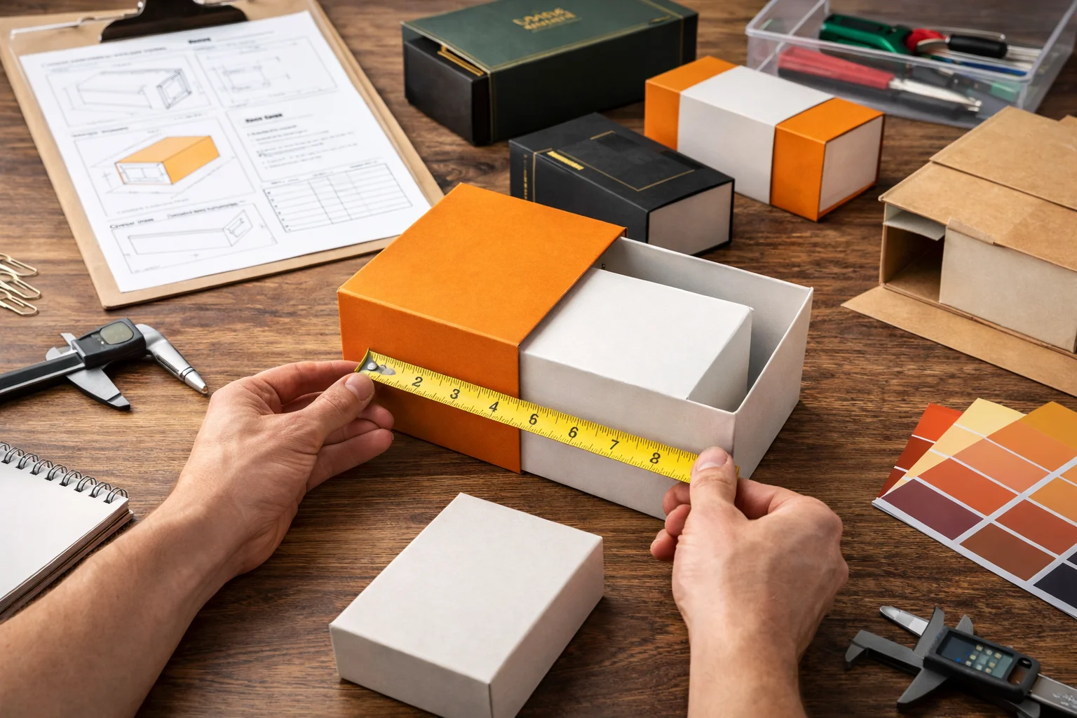 A person using calipers to measure a box, with a checklist next to them